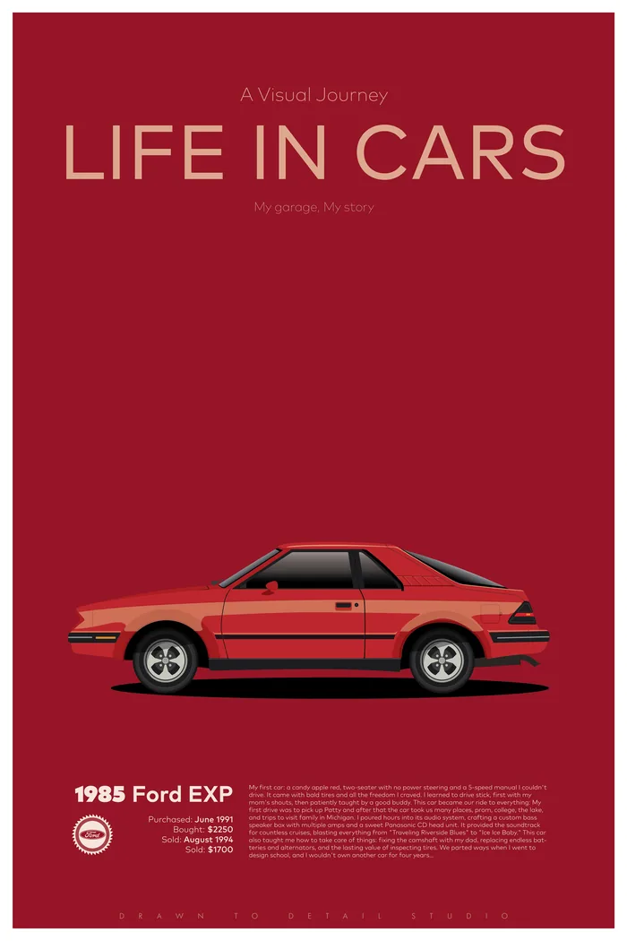 1985 Ford EXP — a flat-illustration portrait by Drawn to Detail Studio