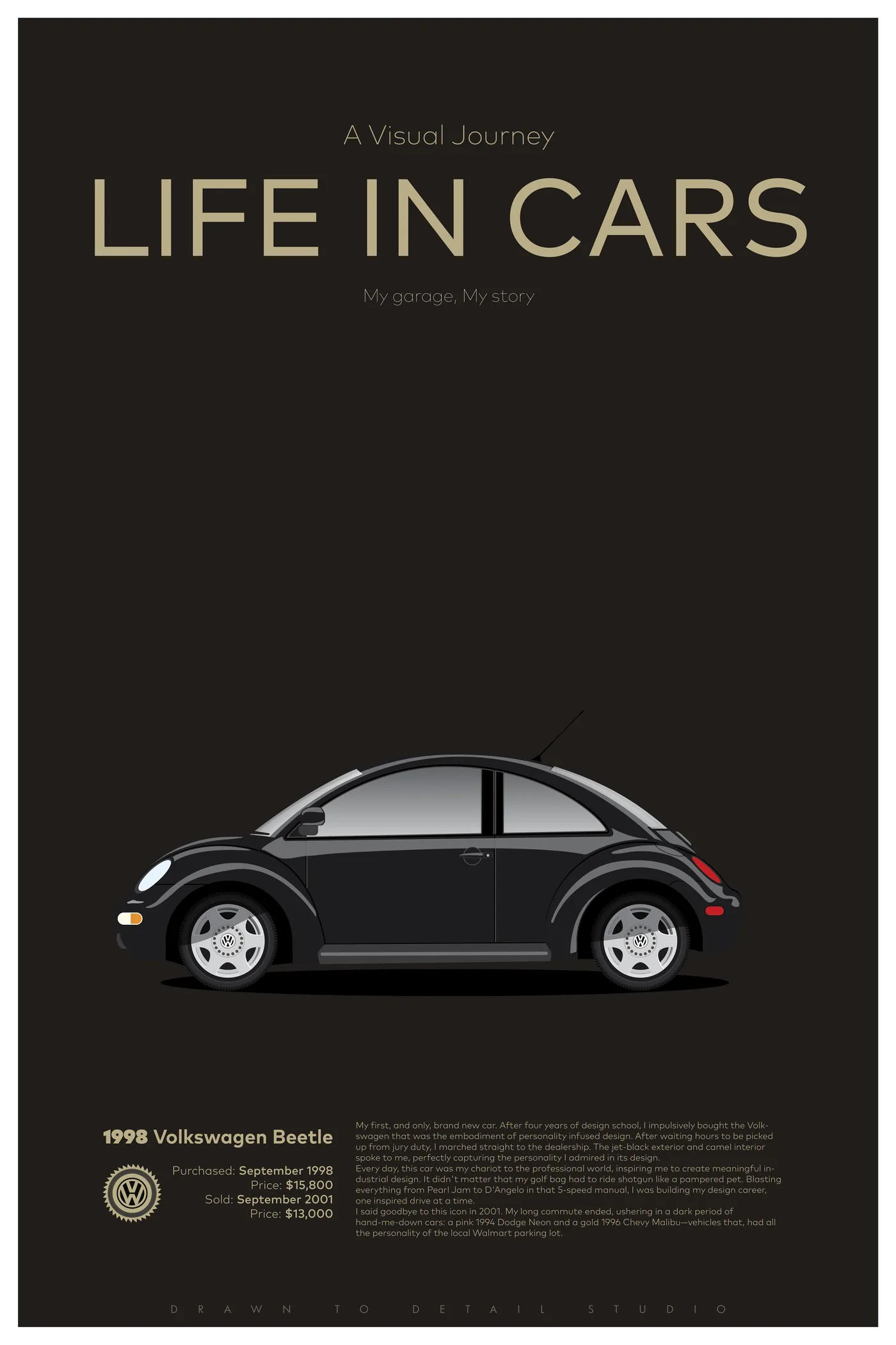 1998 Volkswagen Beetle — a flat-illustration portrait by Drawn to Detail Studio