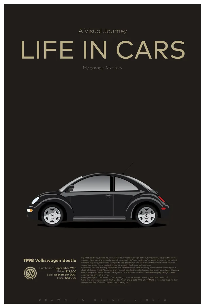 1998 Volkswagen Beetle &mdash; a flat-illustration portrait by Drawn to Detail Studio