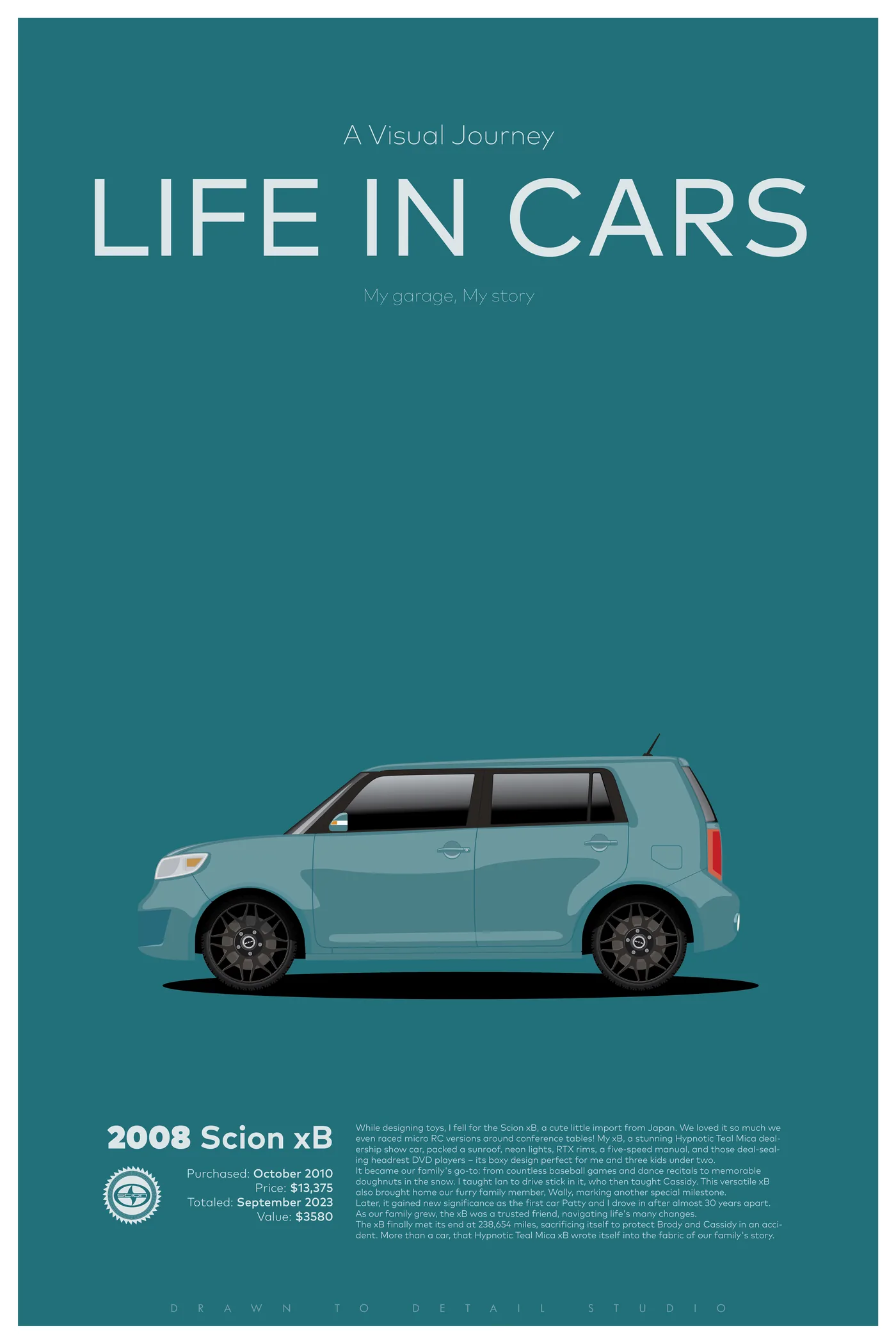 2008 Scion xB — a flat-illustration portrait by Drawn to Detail Studio